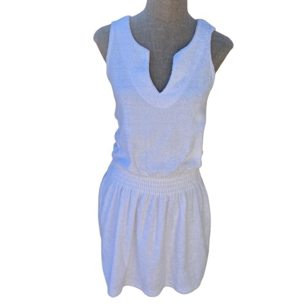 Vintage Terry Cloth Cover Up Dress Small White Sleeveless Elastic Waist Y2K 90s